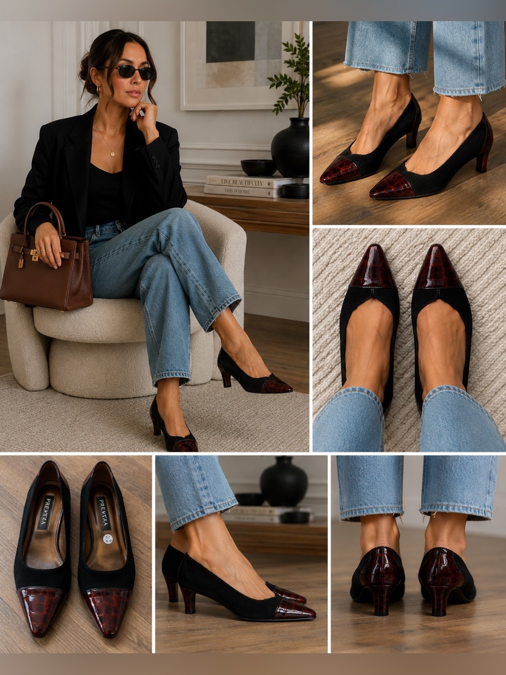 Vintage Prevata Italy Black Suede Tortoiseshell Patent Leather Pumps Heels 8 AA